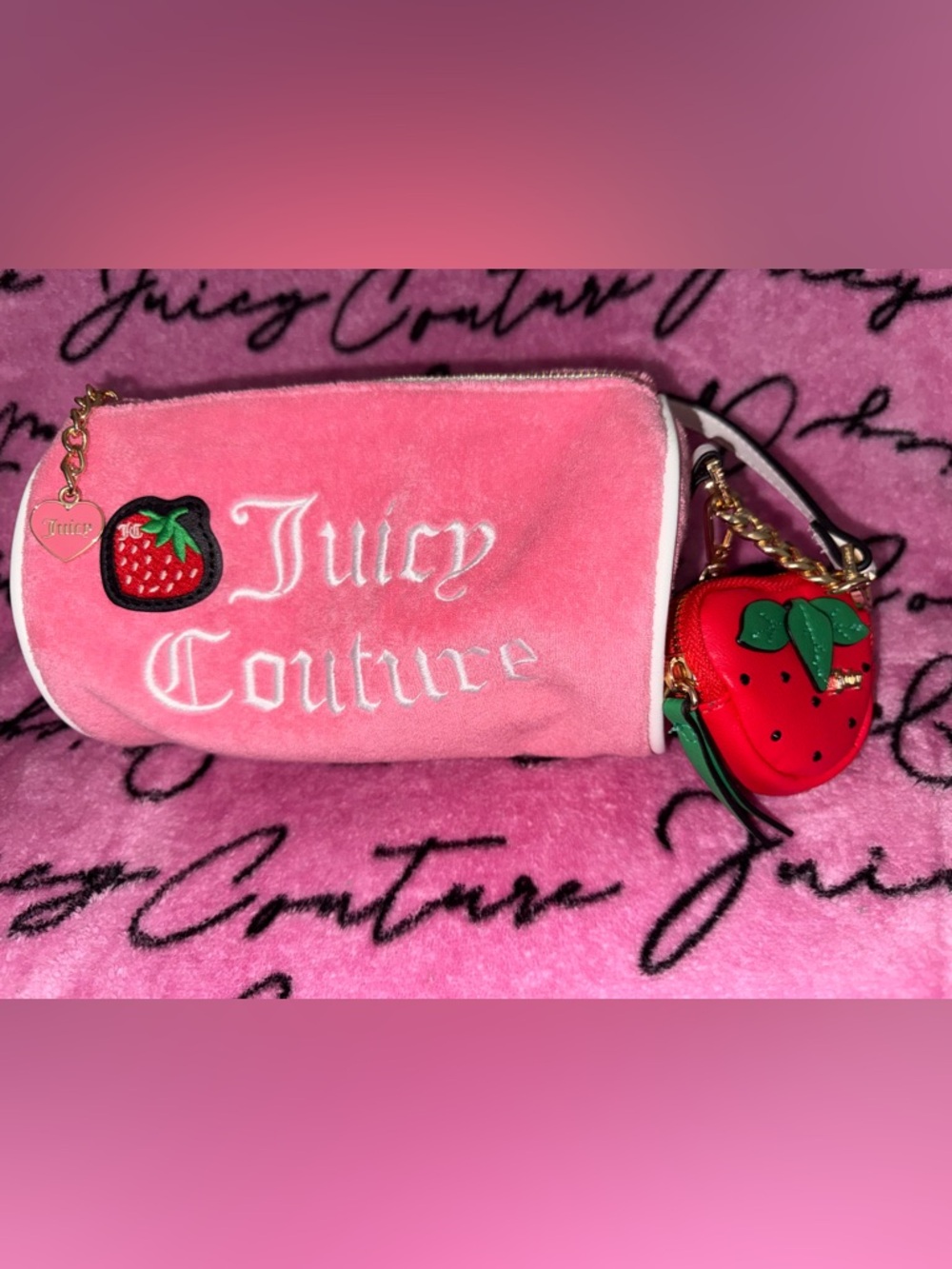 Juicy Couture Pink Velvet Bag with Strawberry Charm